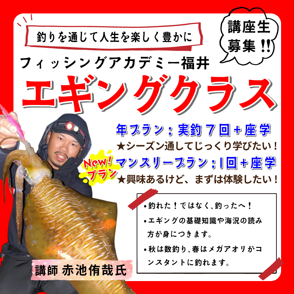 <center>エギングクラス開催中！<br>月額プランも登場！</center>
